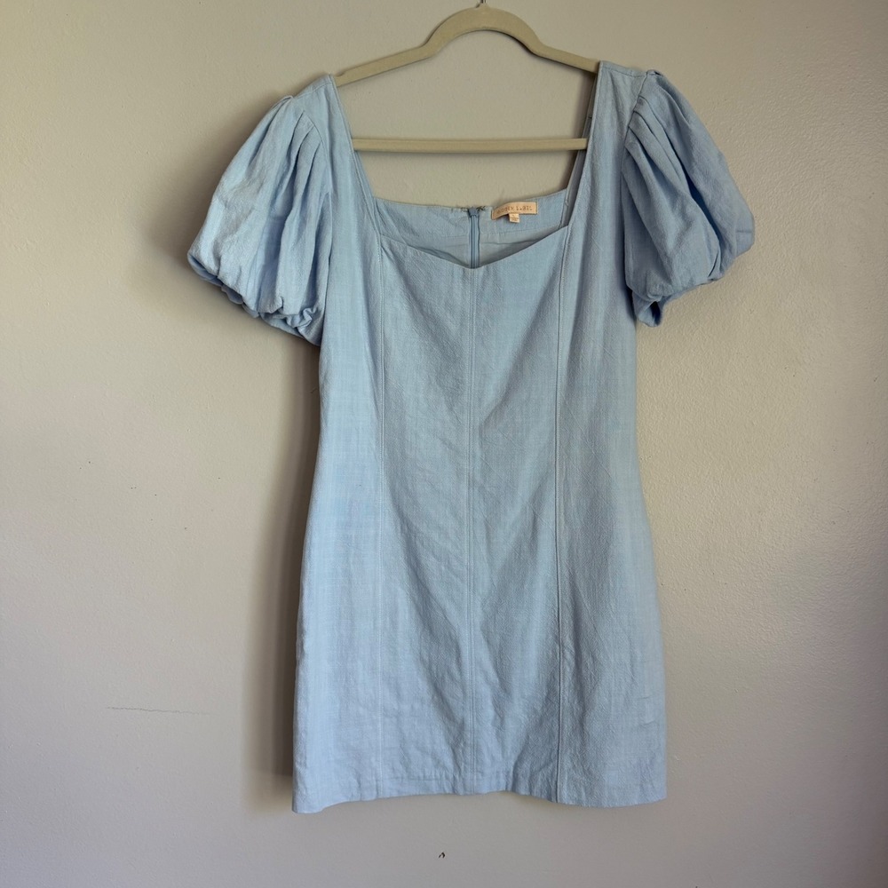 Hidden Label‎ Light Blue Cotton Linen Puff Sleeve Square Neck Mini Dress Large